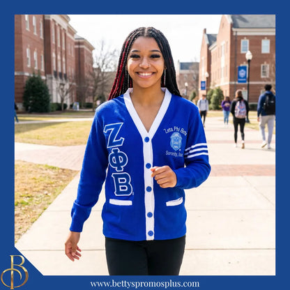 Zeta Phi Beta ΖΦΒ Cardigan Sweater with Double Stitched Twill Embroidered Letters & ΖΦΒ Shield-Zeta Phi Beta Paraphernalia-Zeta Phi Beta Sweaters-Betty's Promos Plus