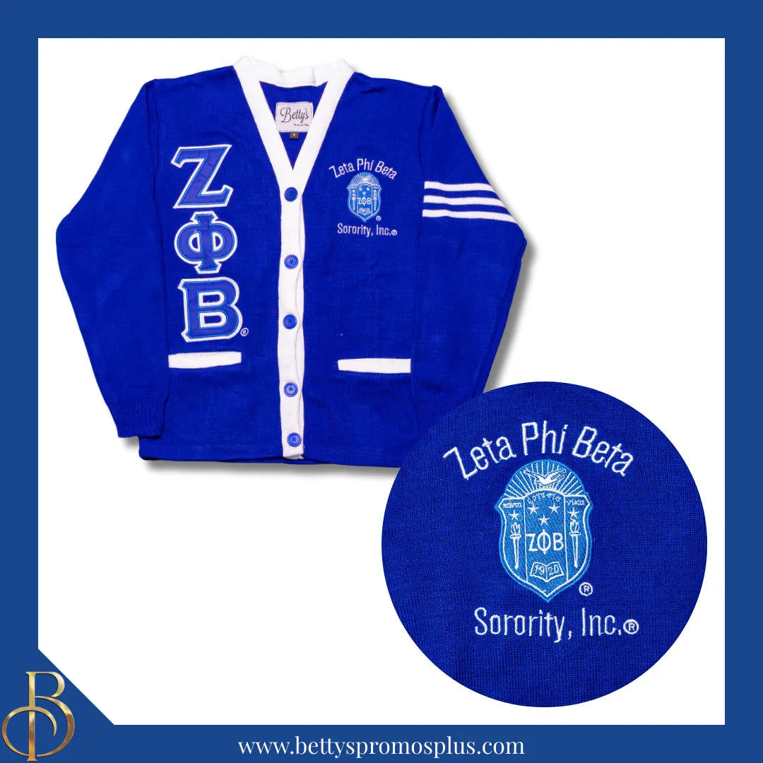 Zeta Phi Beta ΖΦΒ Cardigan Sweater with Double Stitched Twill Embroidered Letters & ΖΦΒ Shield-Zeta Phi Beta Paraphernalia-Zeta Phi Beta Sweaters-Betty's Promos Plus