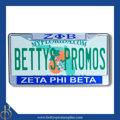 Zeta Phi Beta ΖΦΒ Chrome Laser Engraved Mirrored Acrylic License Plate Frame-Blue Bottom-Zeta Phi Beta Paraphernalia-Zeta Phi Beta Auto Tag Frame-Betty's Promos Plus