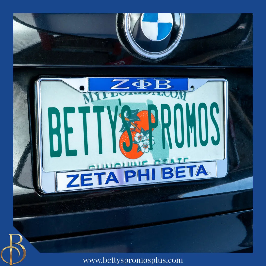 Zeta Phi Beta ΖΦΒ Chrome Laser Engraved Mirrored Acrylic License Plate Frame-Zeta Phi Beta Paraphernalia-Zeta Phi Beta Auto Tag Frame-Betty's Promos Plus