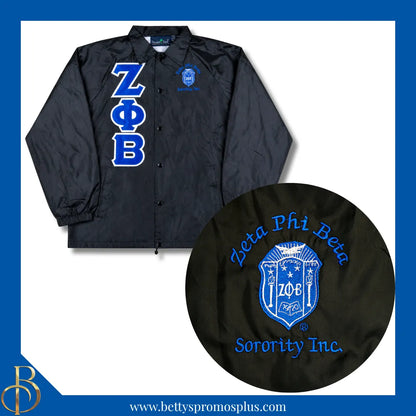 Zeta Phi Beta ΖΦΒ Double-Stitched Embroidered Windbreaker Line Jacket-Black-Small-Zeta Phi Beta Paraphernalia-Zeta Phi Beta Line Jacket-Betty's Promos Plus