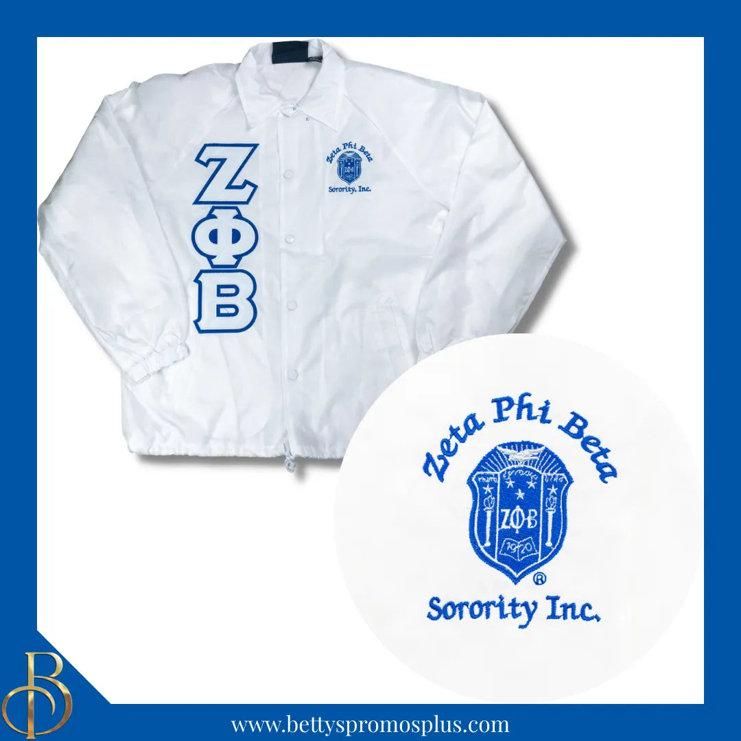 Zeta Phi Beta ΖΦΒ Double-Stitched Embroidered Windbreaker Line Jacket-White-Small-Zeta Phi Beta Paraphernalia-Zeta Phi Beta Line Jacket-Betty's Promos Plus