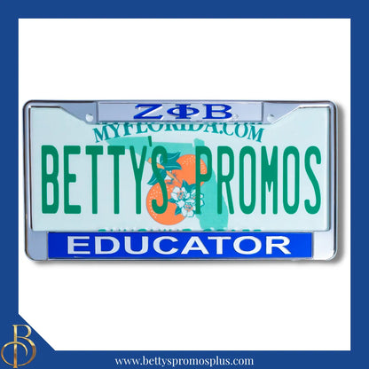 Zeta Phi Beta ΖΦΒ Educator Chrome Laser Engraved Mirrored Acrylic Auto Tag License Plate Frame-Silver Top-Blue Bottom-Zeta Phi Beta Paraphernalia-Zeta Phi Beta Auto Tag Frame-Betty's Promos Plus