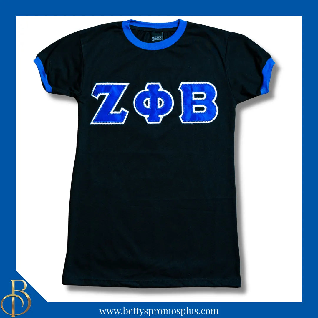 Zeta Phi Beta ΖΦΒ Embroidered Ringer T-Shirt-Black-Small-Zeta Phi Beta Paraphernalia-Zeta Phi Beta T-Shirts-Betty's Promos Plus