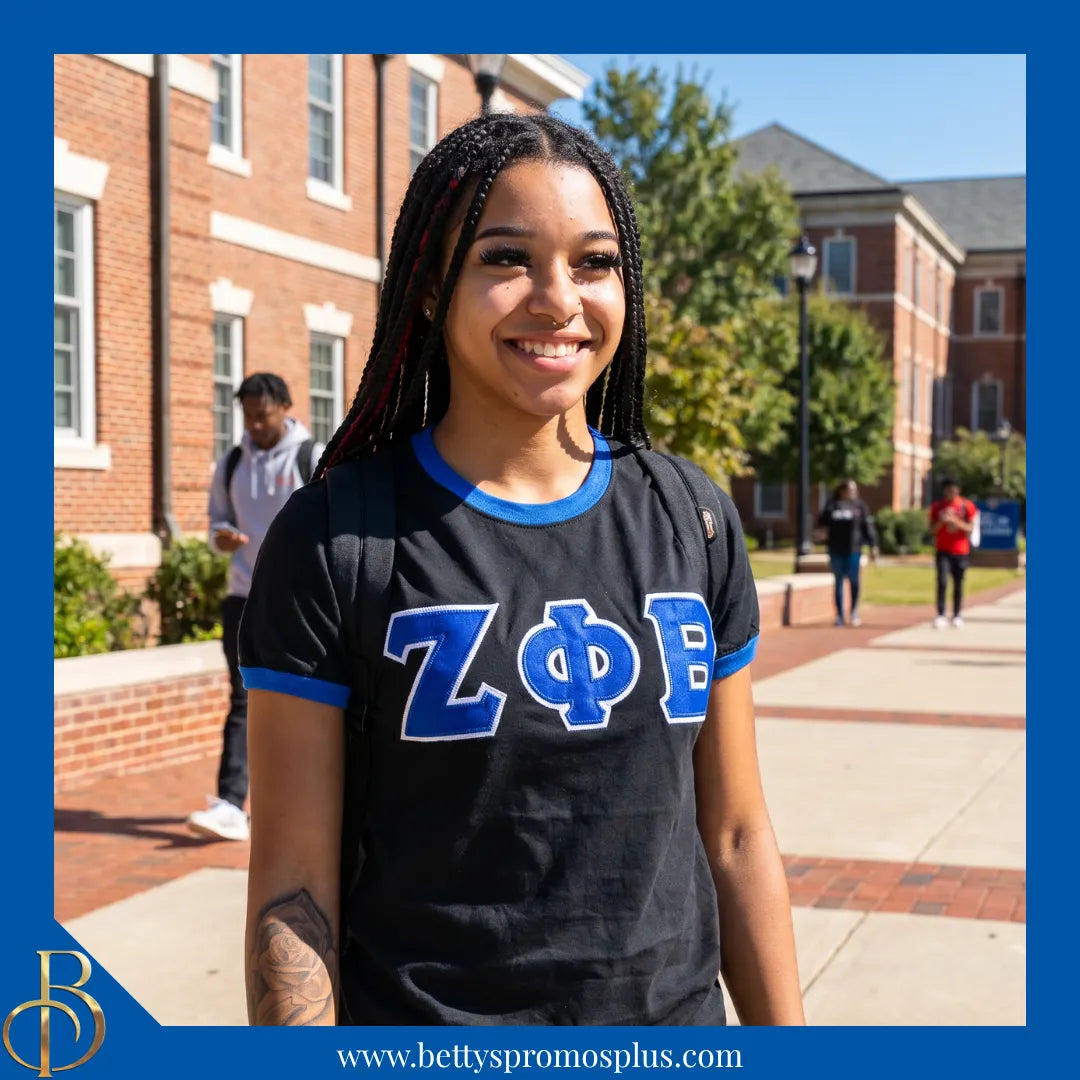 Zeta Phi Beta ΖΦΒ Embroidered Ringer T-Shirt-Zeta Phi Beta Paraphernalia-Zeta Phi Beta T-Shirts-Betty's Promos Plus