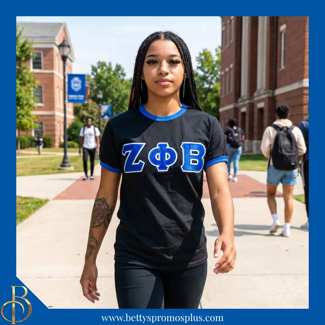 Zeta Phi Beta ΖΦΒ Embroidered Ringer T-Shirt-Zeta Phi Beta Paraphernalia-Zeta Phi Beta T-Shirts-Betty's Promos Plus