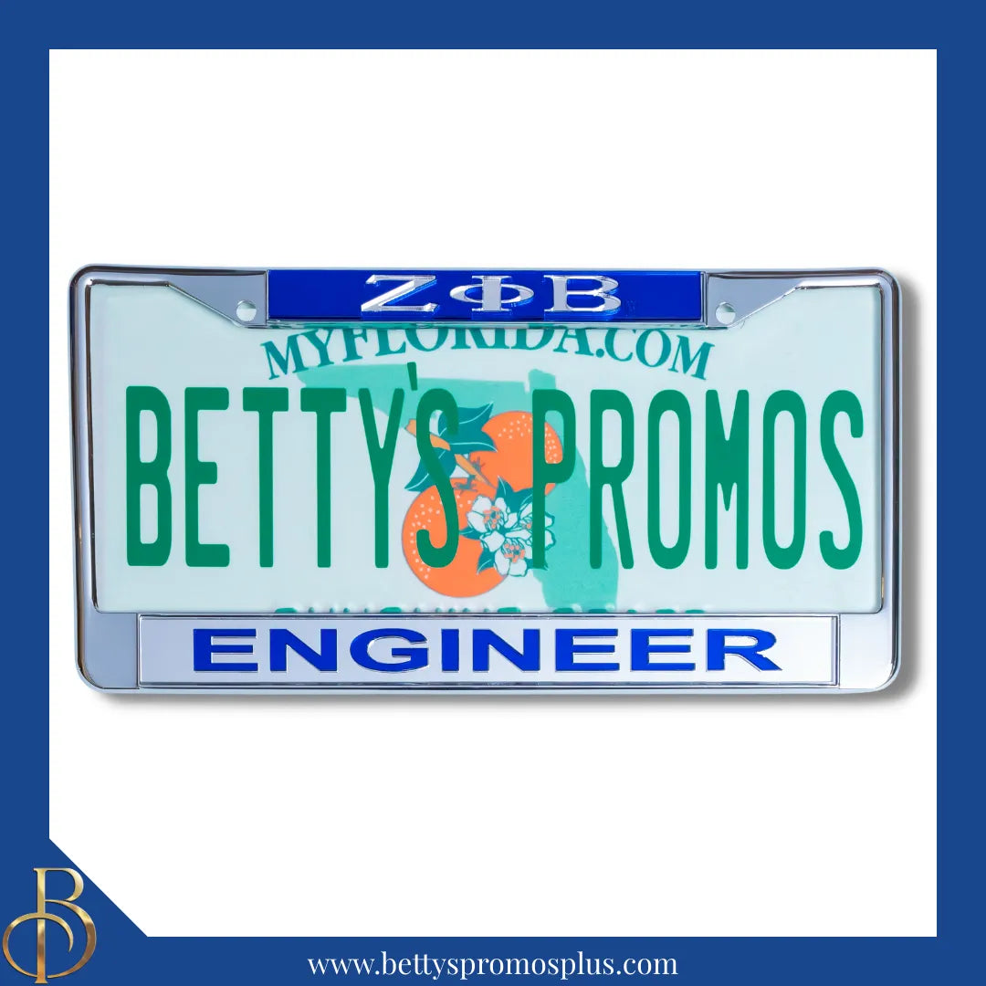 Zeta Phi Beta ΖΦΒ Engineer Chrome Laser Engraved Mirrored Acrylic Auto Tag License Plate Frame-Zeta Phi Beta Paraphernalia-Zeta Phi Beta Auto Tag Frame-Betty's Promos Plus