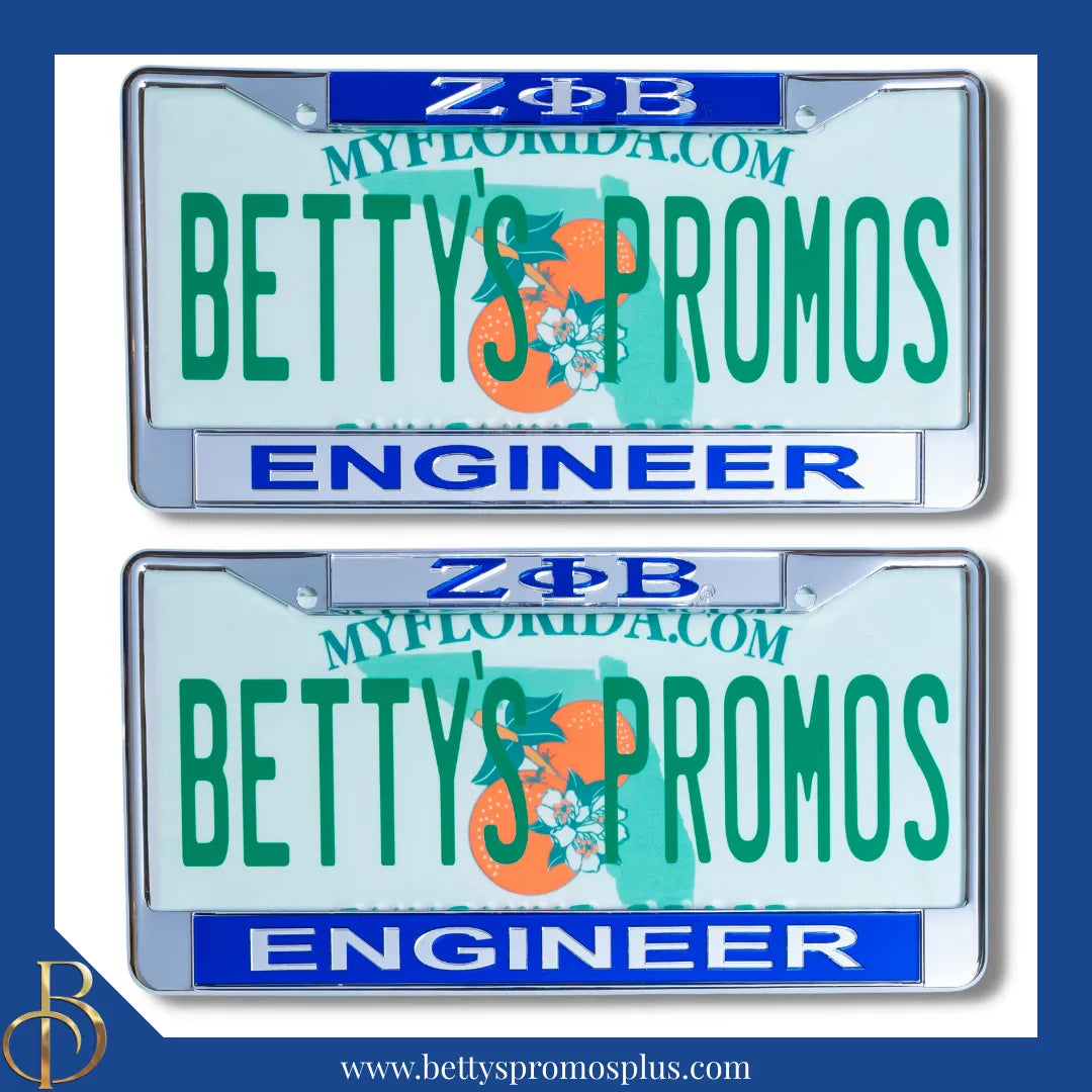 Zeta Phi Beta ΖΦΒ Engineer Chrome Laser Engraved Mirrored Acrylic Auto Tag License Plate Frame-Zeta Phi Beta Paraphernalia-Zeta Phi Beta Auto Tag Frame-Betty's Promos Plus