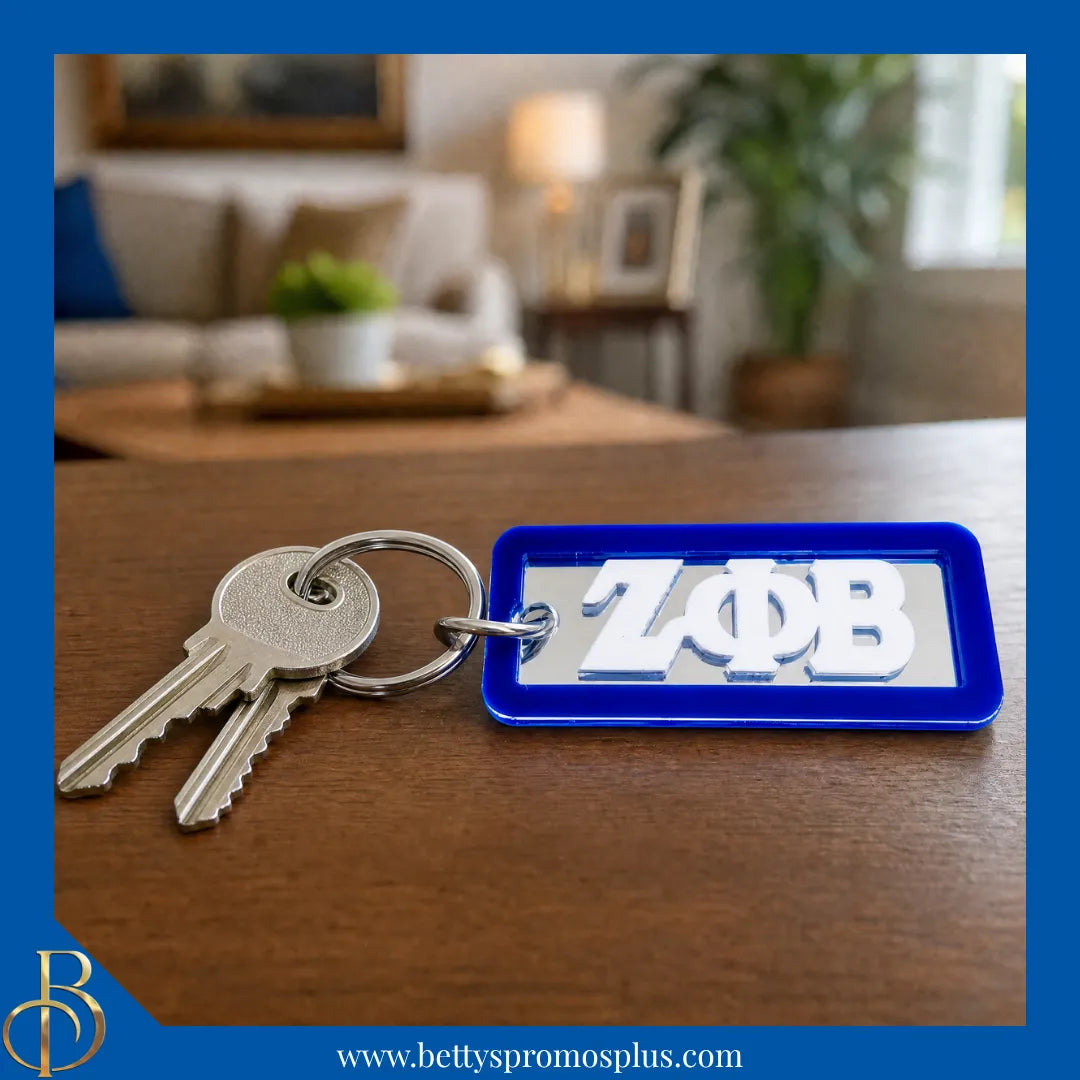 Zeta Phi Beta ΖΦΒ Greek Letters Rectangular Acrylic Mirror Keychain with Blue Trim-Zeta Phi Beta Paraphernalia-Zeta Phi Beta Keychain-Betty's Promos Plus