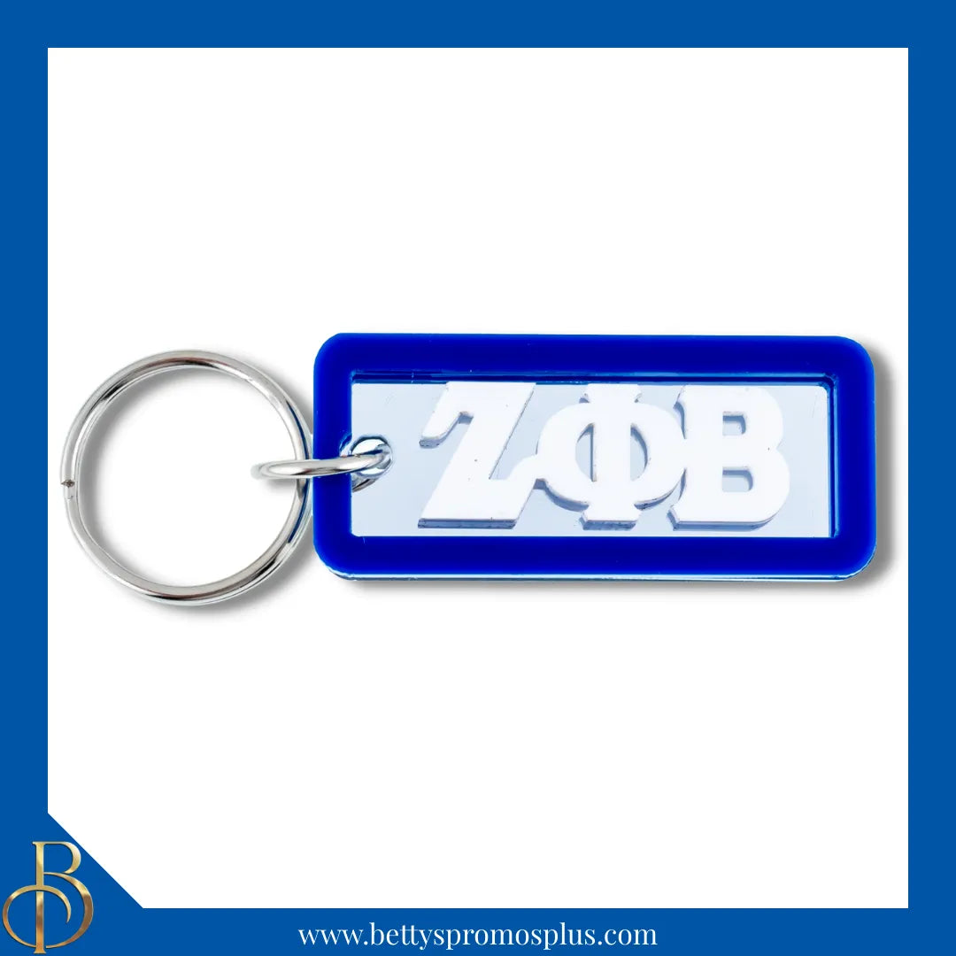 Zeta Phi Beta ΖΦΒ Greek Letters Rectangular Acrylic Mirror Keychain with Blue Trim-Zeta Phi Beta Paraphernalia-Zeta Phi Beta Keychain-Betty's Promos Plus