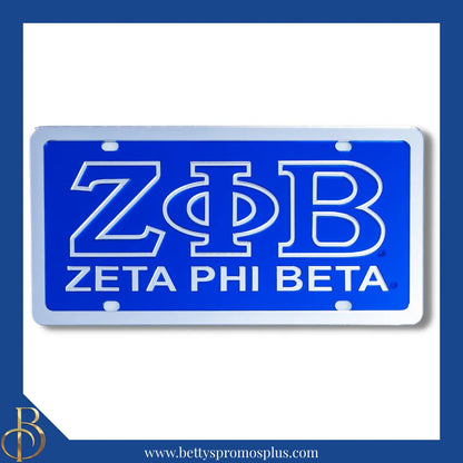 Zeta Phi Beta ΖΦΒ Greek Letters with Zeta Phi Beta Laser Engraved Mirrored Acrylic Auto Tag License Plate-Blue Background-Silver Trim-Zeta Phi Beta Paraphernalia-Zeta Phi Beta Auto Tag-Betty's Promos Plus