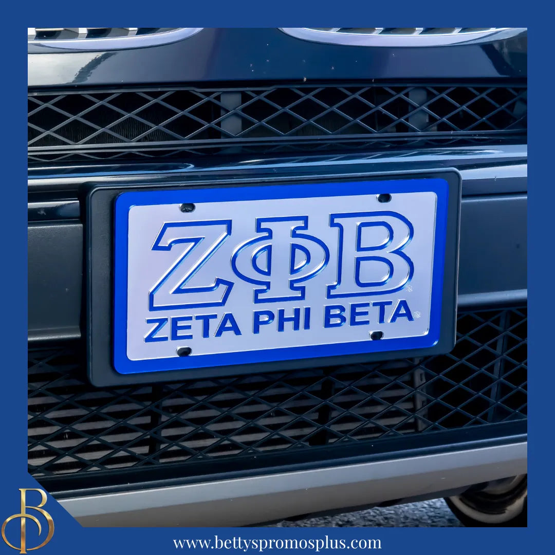 Zeta Phi Beta ΖΦΒ Greek Letters with Zeta Phi Beta Laser Engraved Mirrored Acrylic Auto Tag License Plate-Zeta Phi Beta Paraphernalia-Zeta Phi Beta Auto Tag-Betty's Promos Plus