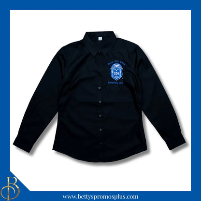 Zeta Phi Beta ΖΦΒ Long Sleeve Button-Up Poplin Shirt with Embroidered Shield-Black-X-Small-Zeta Phi Beta Paraphernalia-Zeta Phi Beta Button-Up Shirts-Betty's Promos Plus