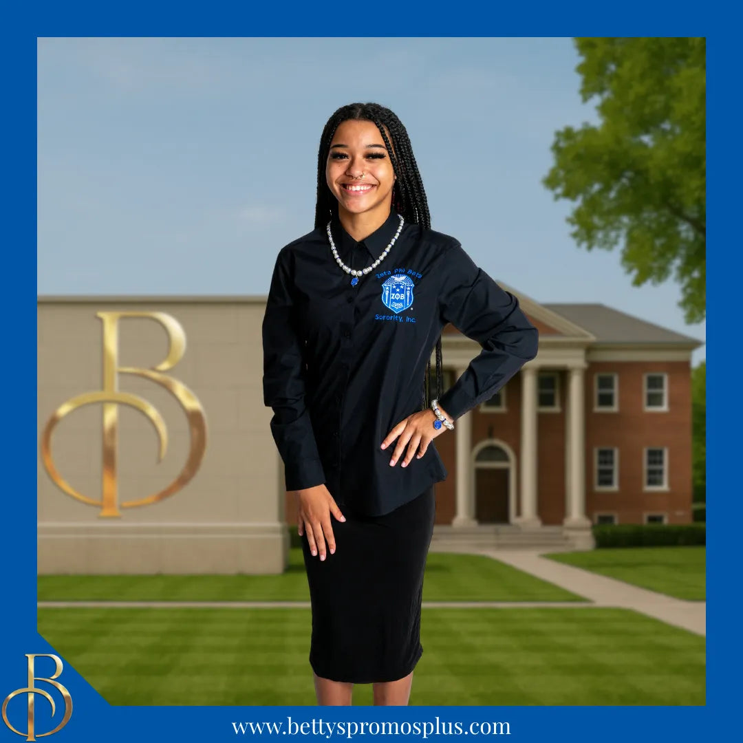 Zeta Phi Beta ΖΦΒ Long Sleeve Button-Up Poplin Shirt with Embroidered Shield-Zeta Phi Beta Paraphernalia-Zeta Phi Beta Button-Up Shirts-Betty's Promos Plus