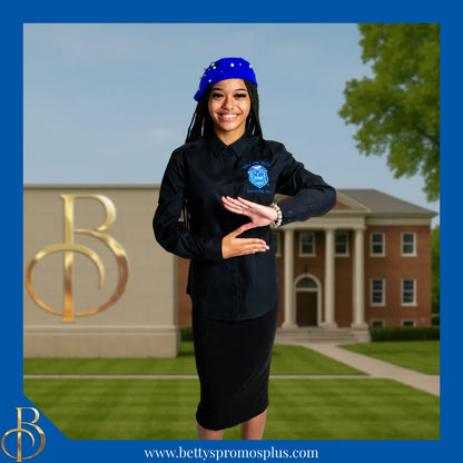 Zeta Phi Beta ΖΦΒ Long Sleeve Button-Up Poplin Shirt with Embroidered Shield-Zeta Phi Beta Paraphernalia-Zeta Phi Beta Button-Up Shirts-Betty's Promos Plus
