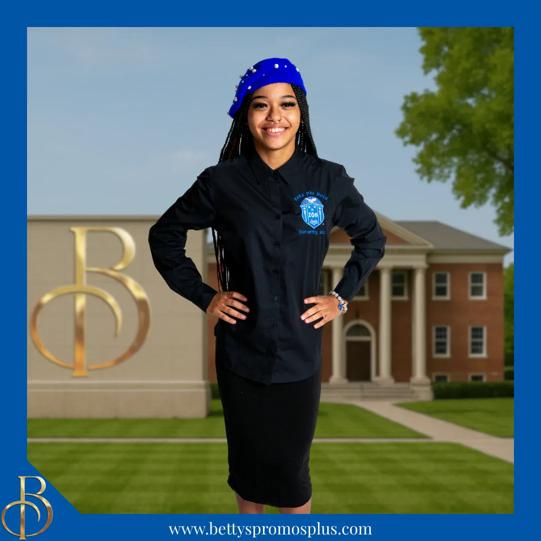 Zeta Phi Beta ΖΦΒ Long Sleeve Button-Up Poplin Shirt with Embroidered Shield-Zeta Phi Beta Paraphernalia-Zeta Phi Beta Button-Up Shirts-Betty's Promos Plus