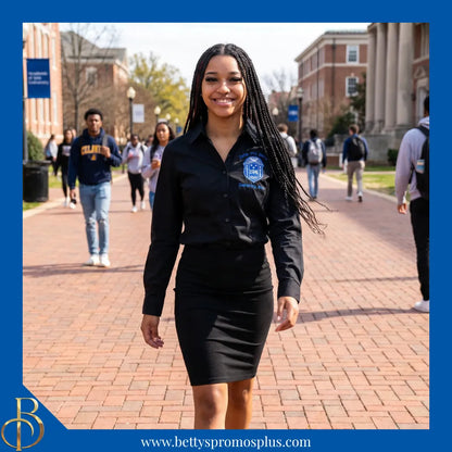 Zeta Phi Beta ΖΦΒ Long Sleeve Button-Up Poplin Shirt with Embroidered Shield-Zeta Phi Beta Paraphernalia-Zeta Phi Beta Button-Up Shirts-Betty's Promos Plus