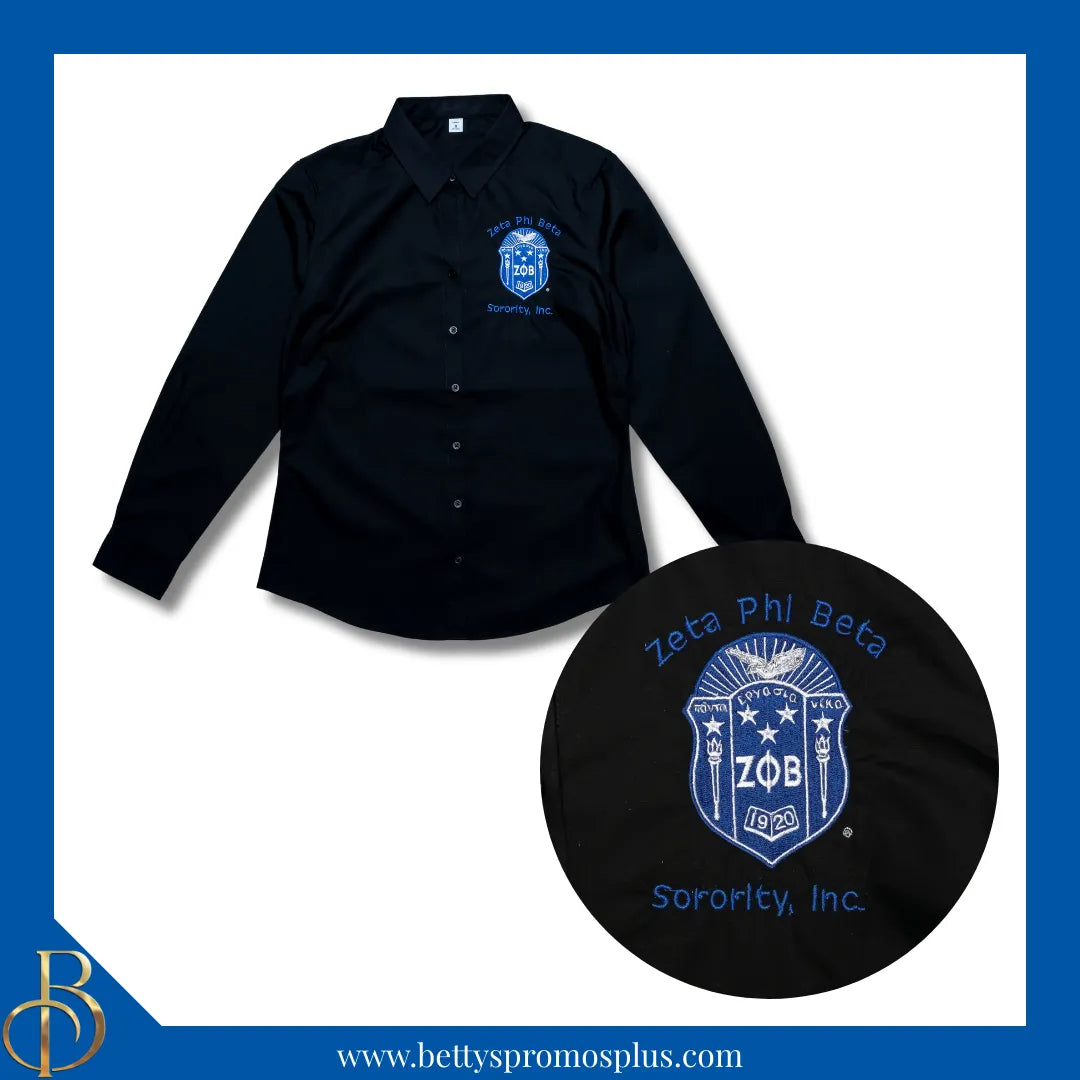 Zeta Phi Beta ΖΦΒ Long Sleeve Button-Up Poplin Shirt with Embroidered Shield-Zeta Phi Beta Paraphernalia-Zeta Phi Beta Button-Up Shirts-Betty's Promos Plus