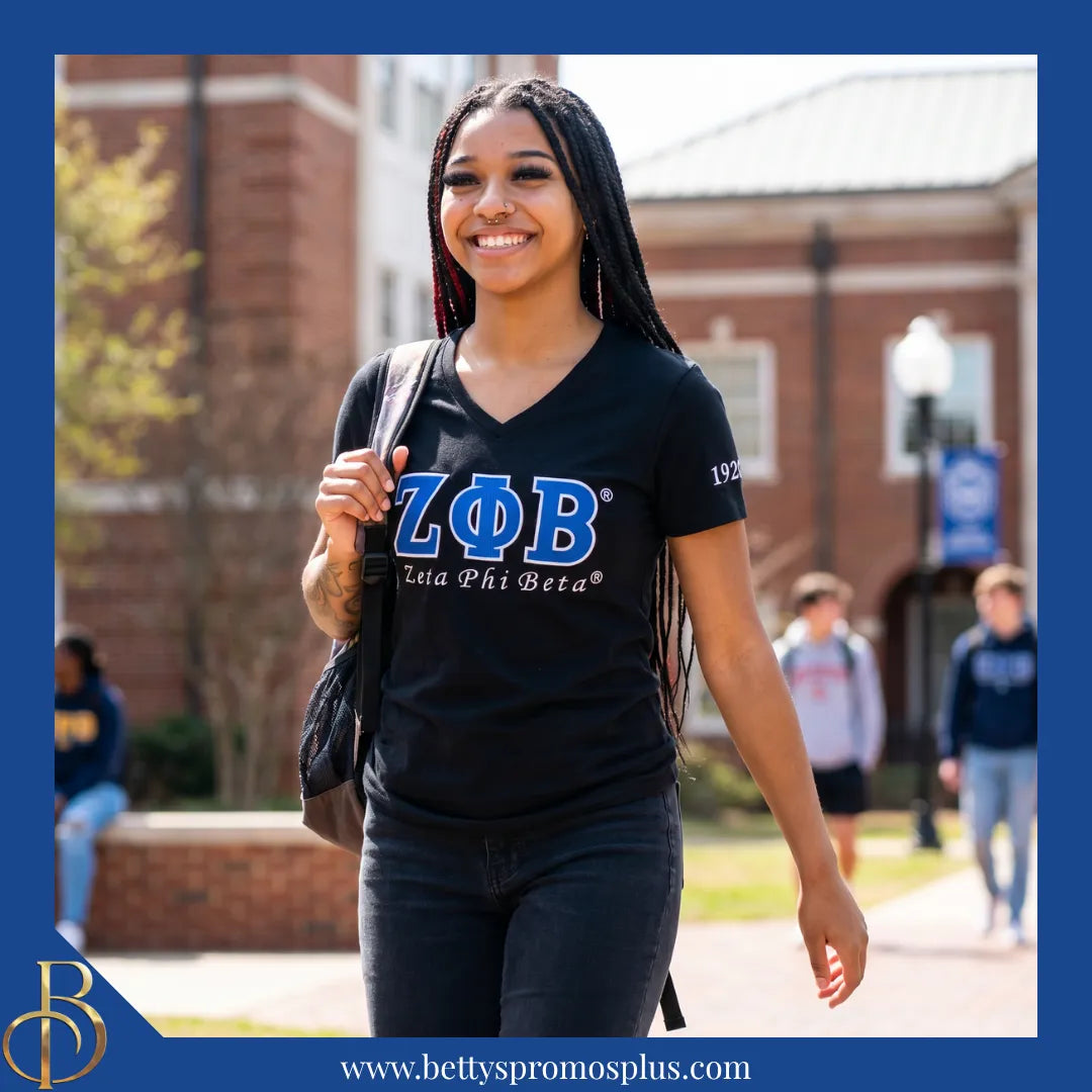 Zeta Phi Beta ΖΦΒ Luxury Embroidered T-Shirt with 1920 Sleeve-Zeta Phi Beta Paraphernalia-Zeta Phi Beta T-Shirts-Betty's Promos Plus