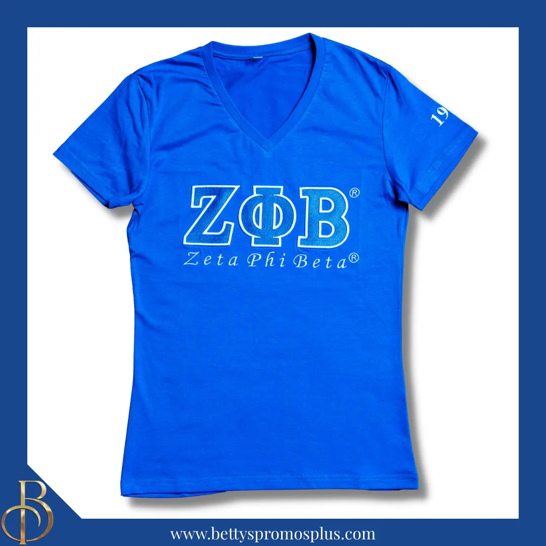 Zeta Phi Beta ΖΦΒ Luxury Embroidered T-Shirt with 1920 Sleeve-Zeta Phi Beta Paraphernalia-Zeta Phi Beta T-Shirts-Betty's Promos Plus