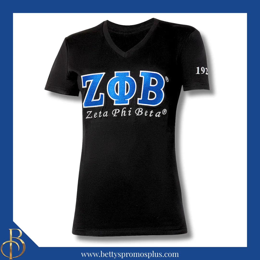 Zeta Phi Beta ΖΦΒ Luxury Embroidered T-Shirt with 1920 Sleeve-Zeta Phi Beta Paraphernalia-Zeta Phi Beta T-Shirts-Betty's Promos Plus