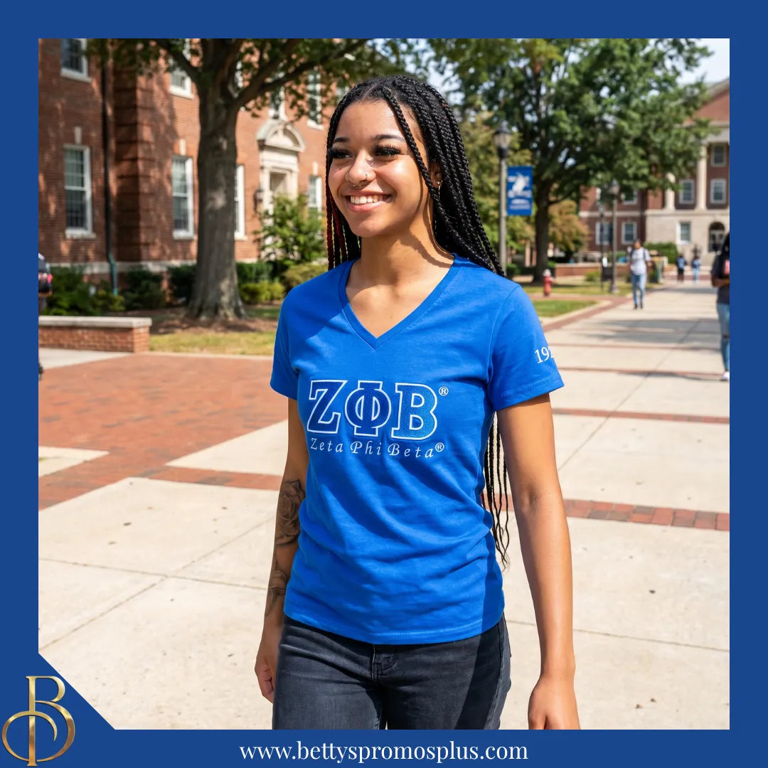 Zeta Phi Beta ΖΦΒ Luxury Embroidered T-Shirt with 1920 Sleeve-Zeta Phi Beta Paraphernalia-Zeta Phi Beta T-Shirts-Betty's Promos Plus