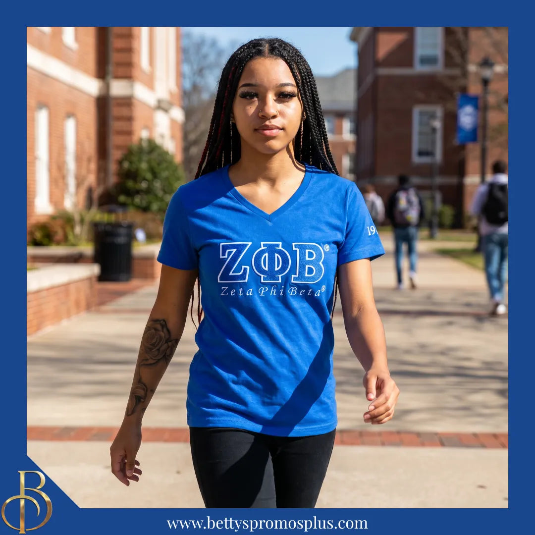 Zeta Phi Beta ΖΦΒ Luxury Embroidered T-Shirt with 1920 Sleeve-Zeta Phi Beta Paraphernalia-Zeta Phi Beta T-Shirts-Betty's Promos Plus