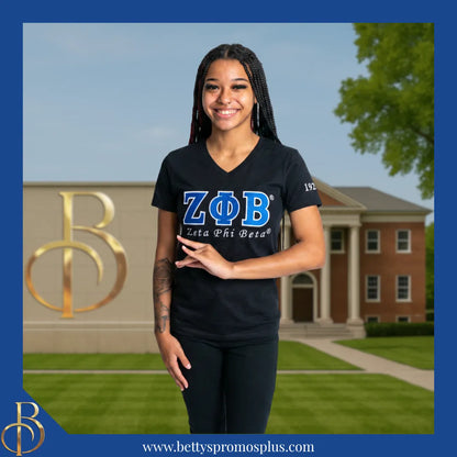 Zeta Phi Beta ΖΦΒ Luxury Embroidered T-Shirt with 1920 Sleeve-Zeta Phi Beta Paraphernalia-Zeta Phi Beta T-Shirts-Betty's Promos Plus