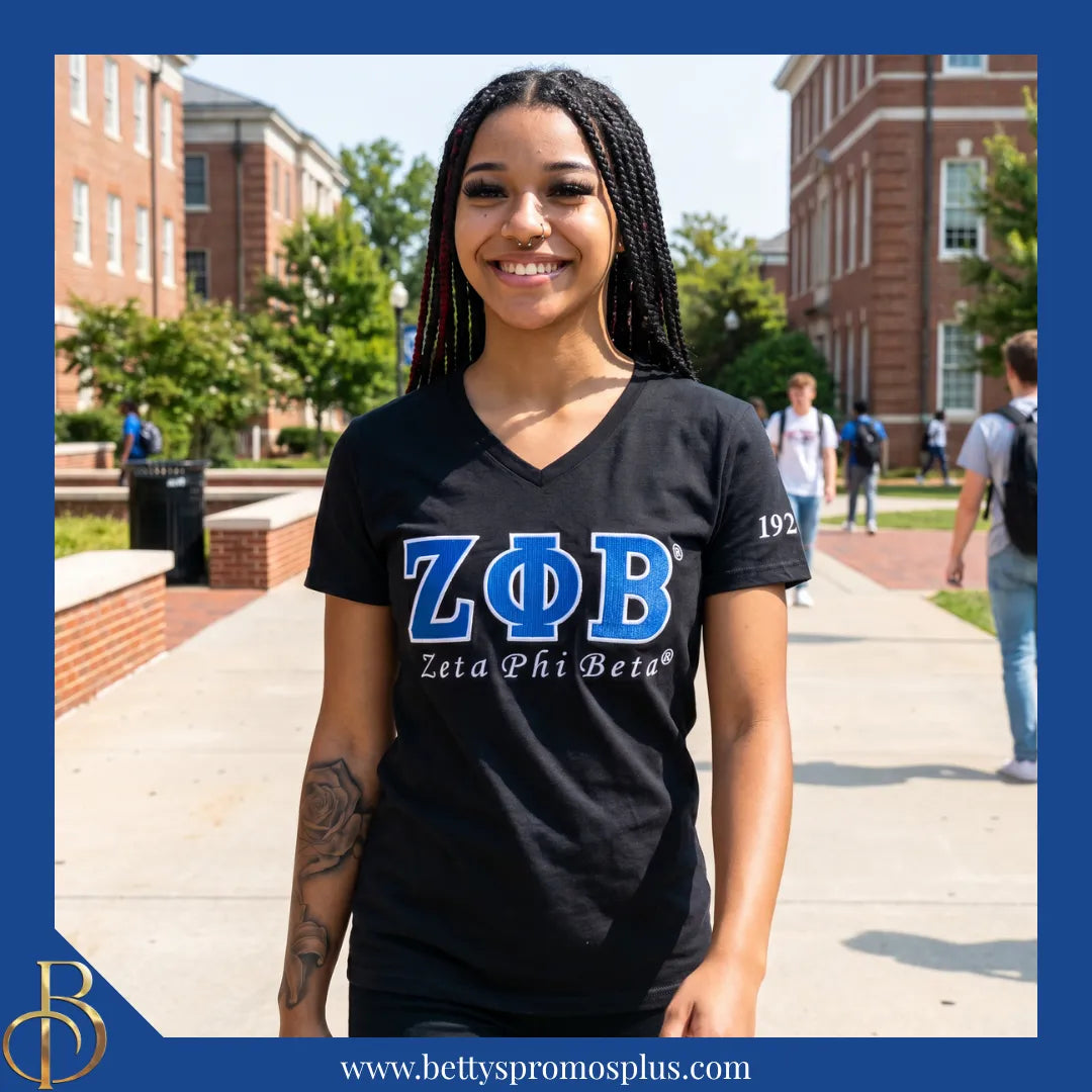 Zeta Phi Beta ΖΦΒ Luxury Embroidered T-Shirt with 1920 Sleeve-Zeta Phi Beta Paraphernalia-Zeta Phi Beta T-Shirts-Betty's Promos Plus