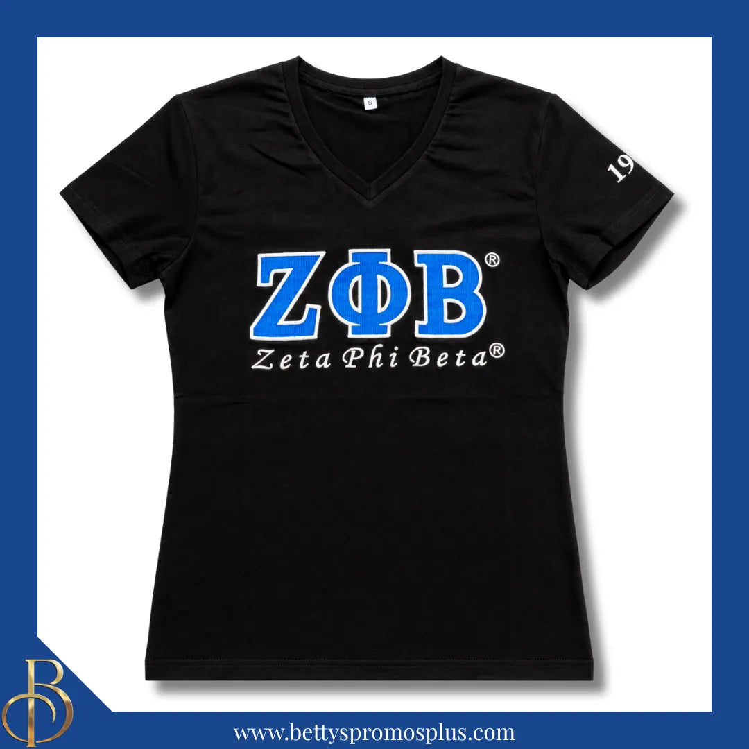Zeta Phi Beta ΖΦΒ Luxury Embroidered T-Shirt with 1920 Sleeve-Zeta Phi Beta Paraphernalia-Zeta Phi Beta T-Shirts-Betty's Promos Plus