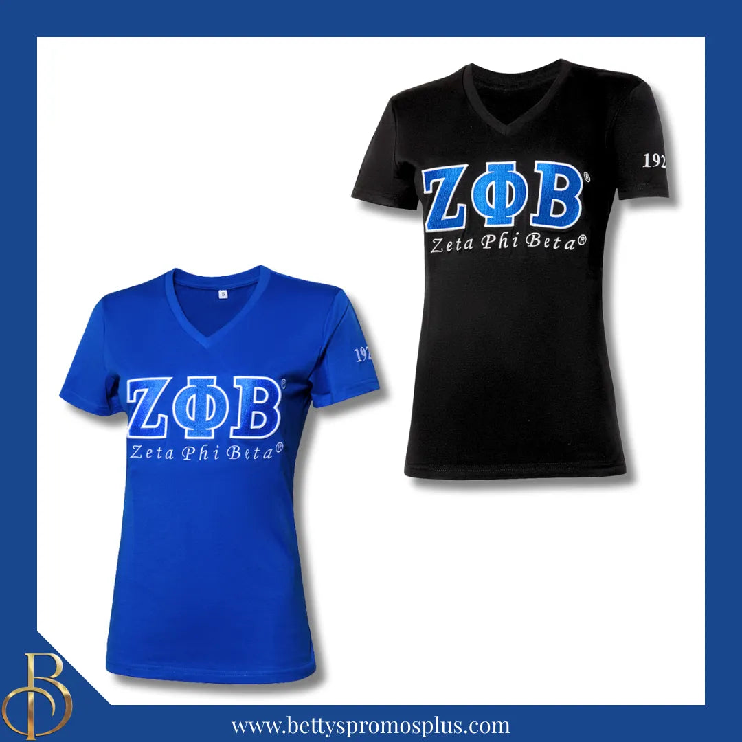 Zeta Phi Beta ΖΦΒ Luxury Embroidered T-Shirt with 1920 Sleeve-Zeta Phi Beta Paraphernalia-Zeta Phi Beta T-Shirts-Betty's Promos Plus