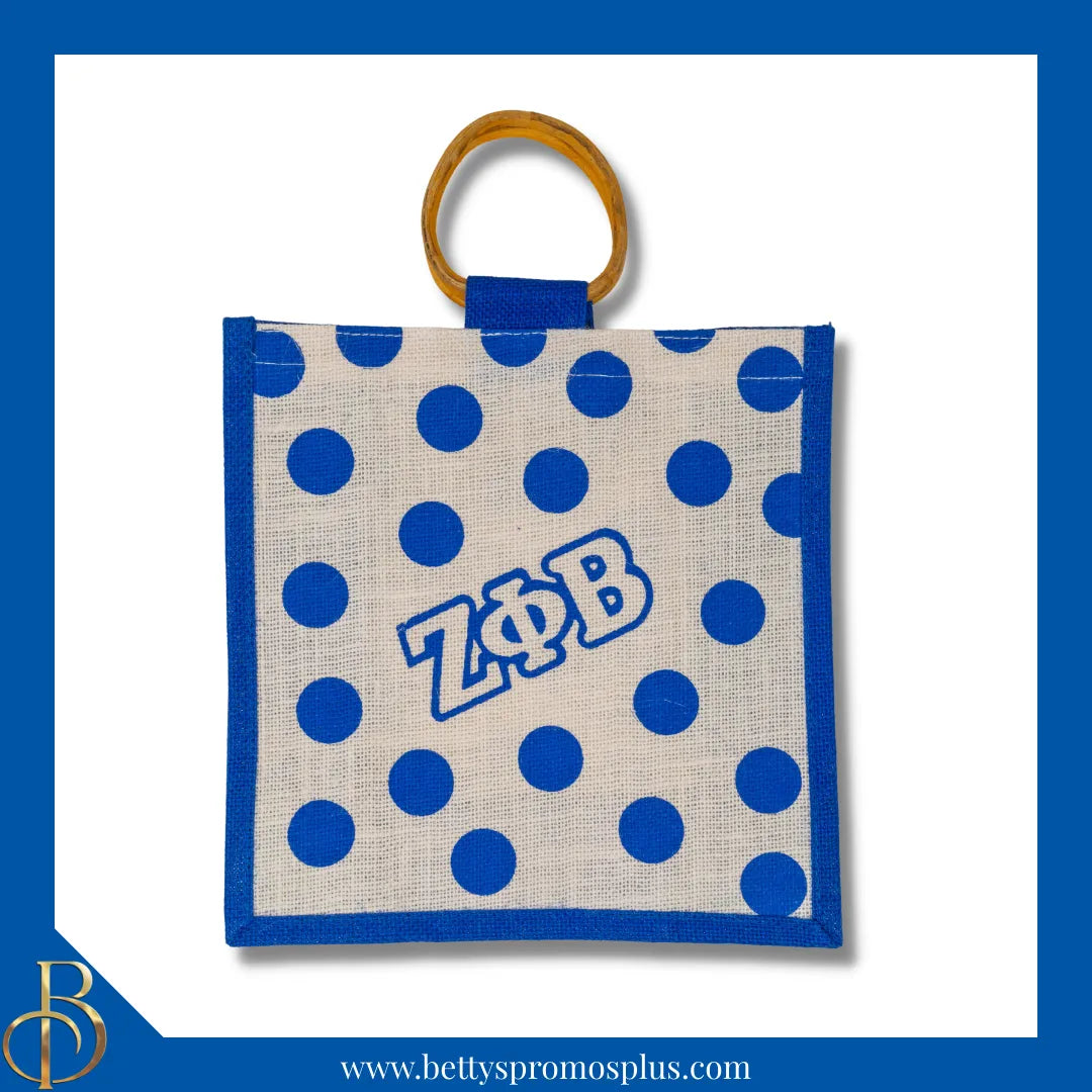Zeta Phi Beta ΖΦΒ Polka Dots Mini Jute Bag-Blue-Zeta Phi Beta Paraphernalia-Zeta Phi Beta Purses-Betty's Promos Plus