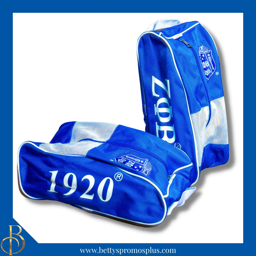 Zeta Phi Beta ΖΦΒ Shield Blue & White Canvas Shoe Bag with Zippered Mesh-Blue-Zeta Phi Beta Paraphernalia-Zeta Phi Beta Shoe Bags-Betty's Promos Plus