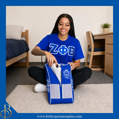 Zeta Phi Beta ΖΦΒ Shield Blue & White Canvas Shoe Bag with Zippered Mesh-Zeta Phi Beta Paraphernalia-Zeta Phi Beta Shoe Bags-Betty's Promos Plus
