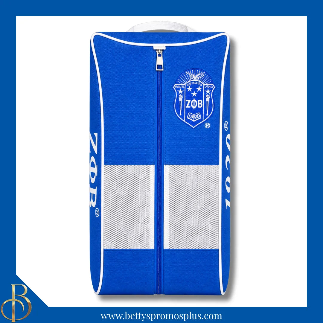 Zeta Phi Beta ΖΦΒ Shield Blue & White Canvas Shoe Bag with Zippered Mesh-Zeta Phi Beta Paraphernalia-Zeta Phi Beta Shoe Bags-Betty's Promos Plus