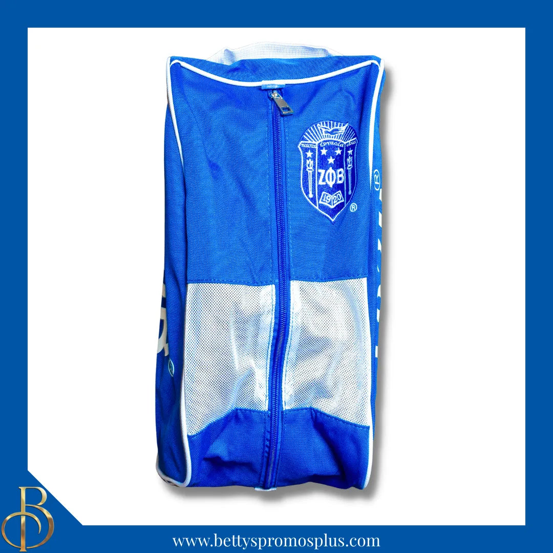Zeta Phi Beta ΖΦΒ Shield Blue & White Canvas Shoe Bag with Zippered Mesh-Zeta Phi Beta Paraphernalia-Zeta Phi Beta Shoe Bags-Betty's Promos Plus