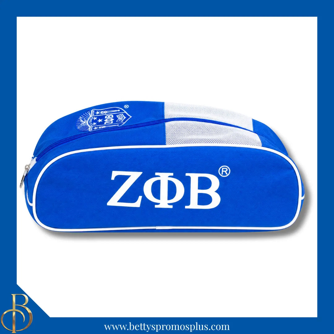 Zeta Phi Beta ΖΦΒ Shield Blue & White Canvas Shoe Bag with Zippered Mesh-Zeta Phi Beta Paraphernalia-Zeta Phi Beta Shoe Bags-Betty's Promos Plus