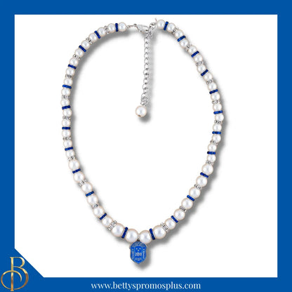 Zeta Phi Beta ΖΦΒ Shield Pearl Necklace with Rhinestone Spacers-White-Necklace-Zeta Phi Beta Paraphernalia-Zeta Phi Beta Necklace-Betty's Promos Plus