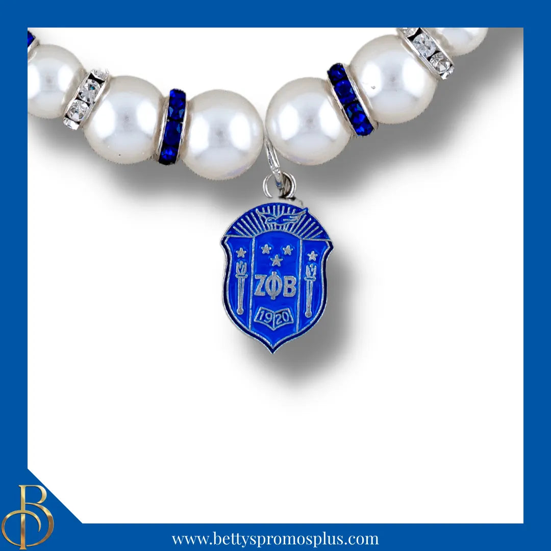 Zeta Phi Beta ΖΦΒ Shield Pearl Necklace with Rhinestone Spacers-Zeta Phi Beta Paraphernalia-Zeta Phi Beta Necklace-Betty's Promos Plus
