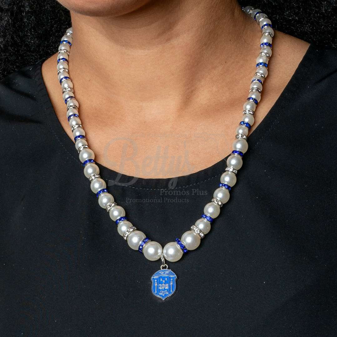 Handmade ZETA P BETA (ZPB) Sorority Necklace - Rhinestone Charm & White Pearl 3-Strand Choker