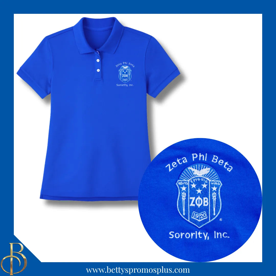 Zeta Phi Beta ΖΦΒ Shield Polo Golf Shirt, Pique & Dry Fit Available-Dry Fit-Blue-Small-Zeta Phi Beta Paraphernalia-Zeta Phi Beta Button-Up Shirts-Betty's Promos Plus