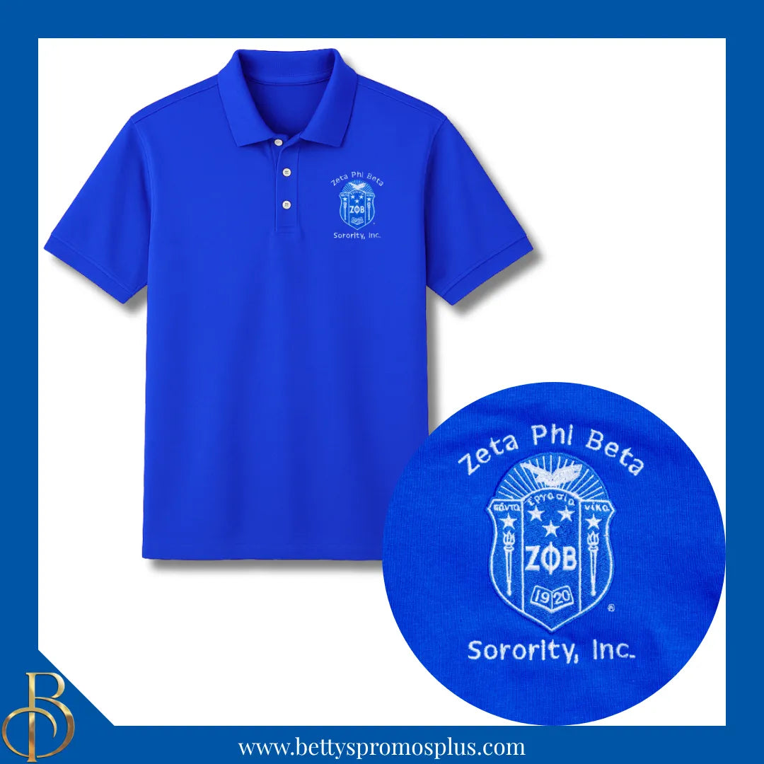 Zeta Phi Beta ΖΦΒ Shield Polo Golf Shirt, Pique & Dry Fit Available-Zeta Phi Beta Paraphernalia-Zeta Phi Beta Button-Up Shirts-Betty's Promos Plus