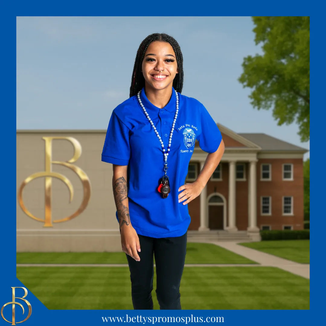 Zeta Phi Beta ΖΦΒ Shield Polo Golf Shirt, Pique & Dry Fit Available-Zeta Phi Beta Paraphernalia-Zeta Phi Beta Button-Up Shirts-Betty's Promos Plus