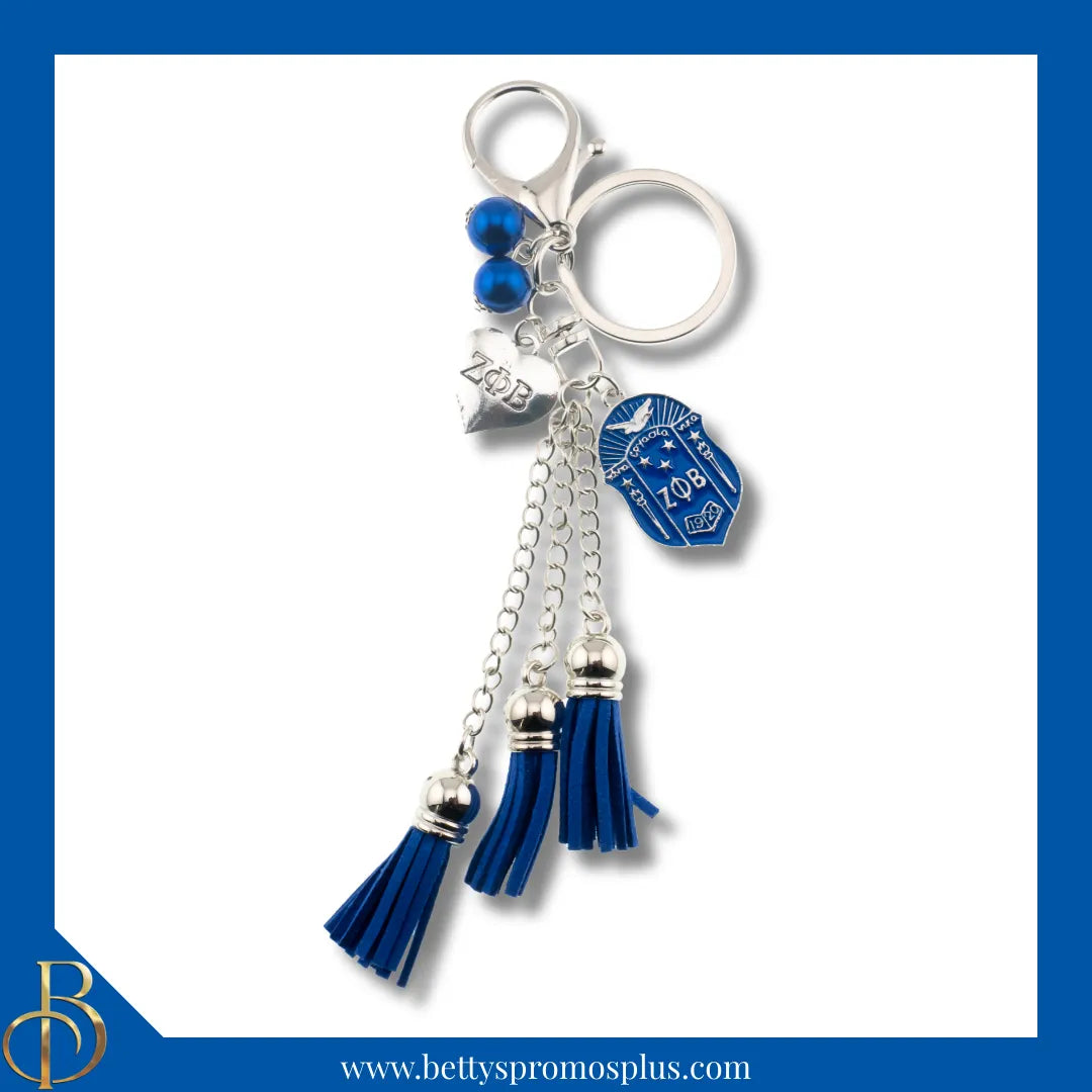 Zeta Phi Beta ΖΦΒ Tassel Keychain with ΖΦΒ Crest Charm-Blue-Zeta Phi Beta Paraphernalia-Zeta Phi Beta Keychain-Betty's Promos Plus