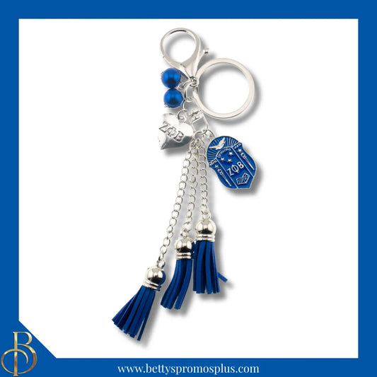 Zeta Phi Beta ΖΦΒ Tassel Keychain with ΖΦΒ Crest Charm-Blue-Zeta Phi Beta Paraphernalia-Zeta Phi Beta Keychain-Betty's Promos Plus