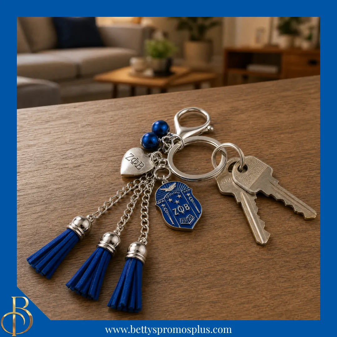 Zeta Phi Beta ΖΦΒ Tassel Keychain with ΖΦΒ Crest Charm-Zeta Phi Beta Paraphernalia-Zeta Phi Beta Keychain-Betty's Promos Plus