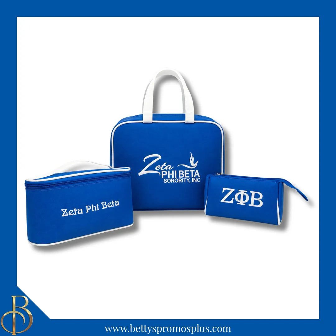 Zeta Phi Beta ΖΦΒ Toiletry Bag Set of 3 Makeup Travel Kit Bathroom and Luggage Organizer-Blue-Zeta Phi Beta Paraphernalia-Zeta Phi Beta Cosmetic Case-Betty's Promos Plus