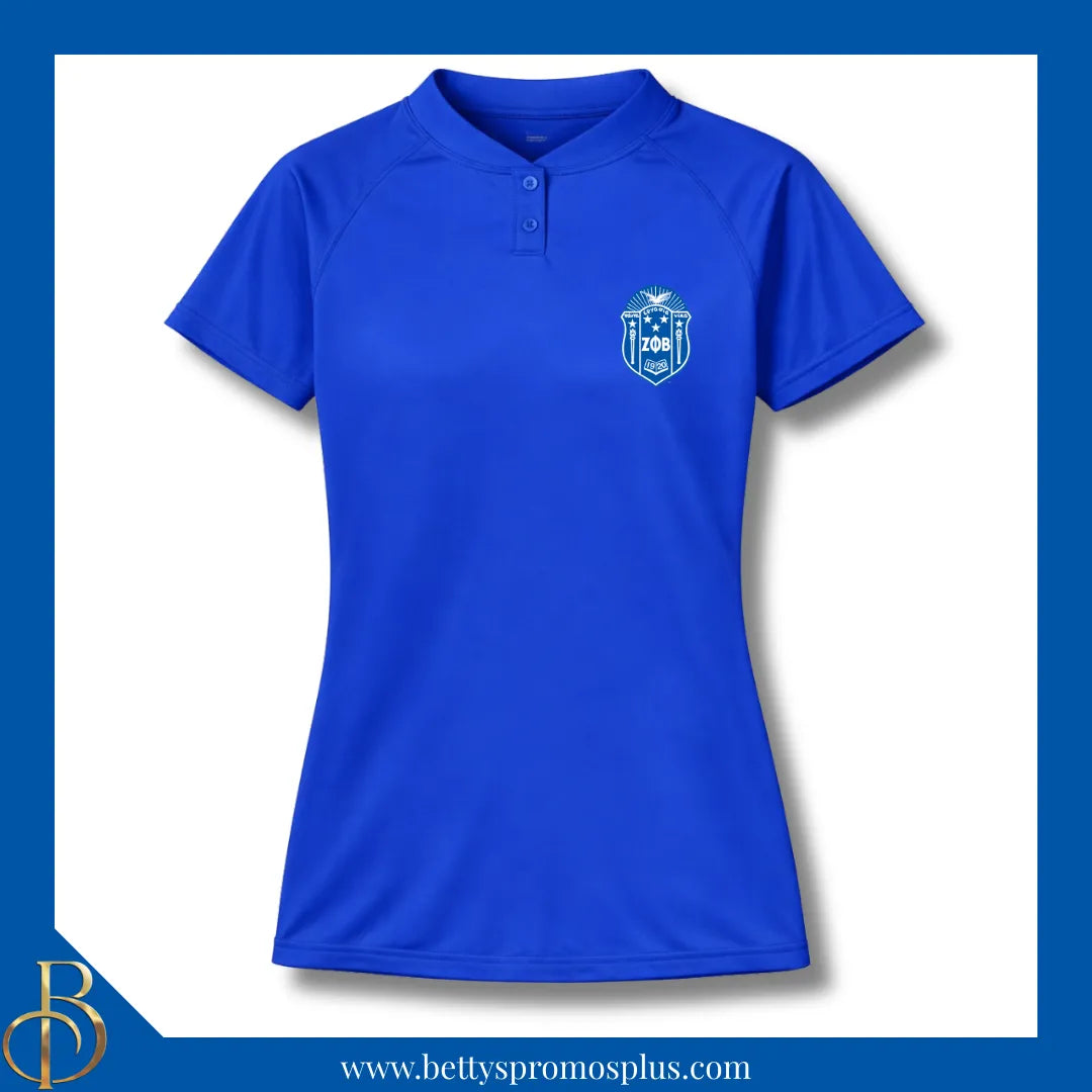 Zeta Phi Beta ΖΦΒ Two-Button Baseball Henley Shirt with Embroidered Shield-Blue-Small-Zeta Phi Beta Paraphernalia-Zeta Phi Beta Button-Up Shirts-Betty's Promos Plus