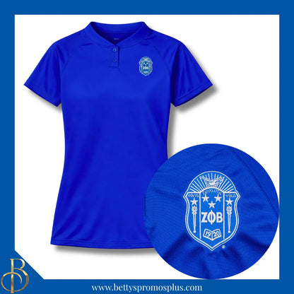 Zeta Phi Beta ΖΦΒ Two-Button Baseball Henley Shirt with Embroidered Shield-Blue-Small-Zeta Phi Beta Paraphernalia-Zeta Phi Beta Button-Up Shirts-Betty's Promos Plus