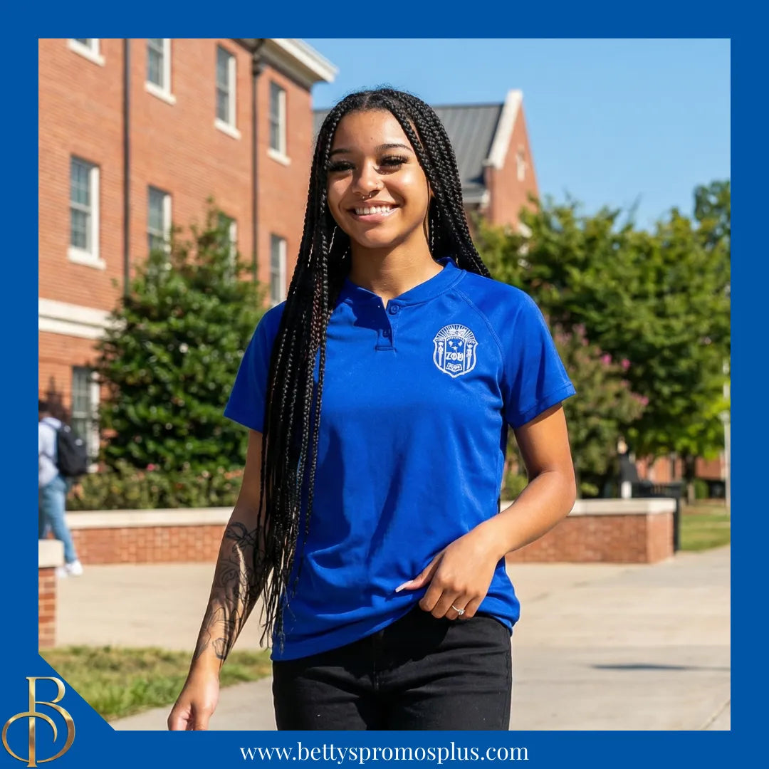 Zeta Phi Beta ΖΦΒ Two-Button Baseball Henley Shirt with Embroidered Shield-Zeta Phi Beta Paraphernalia-Zeta Phi Beta Button-Up Shirts-Betty's Promos Plus